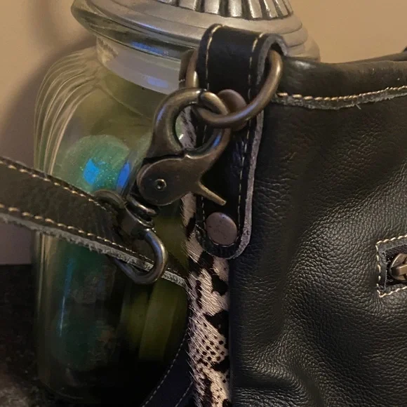 Myra Bag Black and Tan Antiquated Leather & Hairon Snake Print Bag - Picture 5 of 15